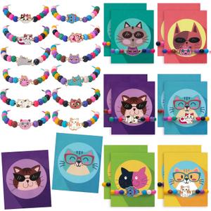 12pcs Volcanic Stone Beaded Cat Bracelets for Girls Kids Women, Cute Animal Cat Charms Adjustable Bracelets, Cat Party Favors Goodie Bag Stuffers Classroom Rewards Girls Play Jewelry Gift