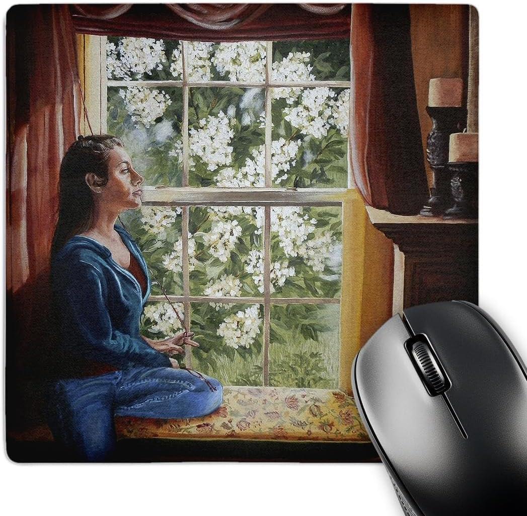 3dRose LLC 8 x 8 x 0.25 Inches Mouse Pad, Girl Staring from Bright Window with Hydrangia Flowers Outside (mp_44370_1)