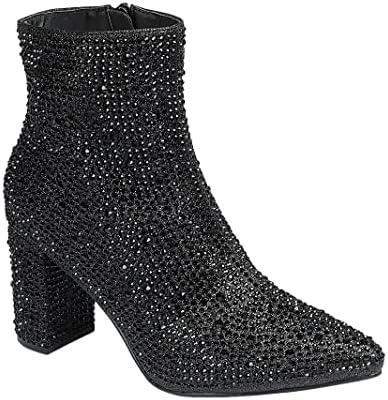 ABSOLEX Women Pointed Toe Rhinestone Block Medium Heel Ankle Booties, Size 6.5