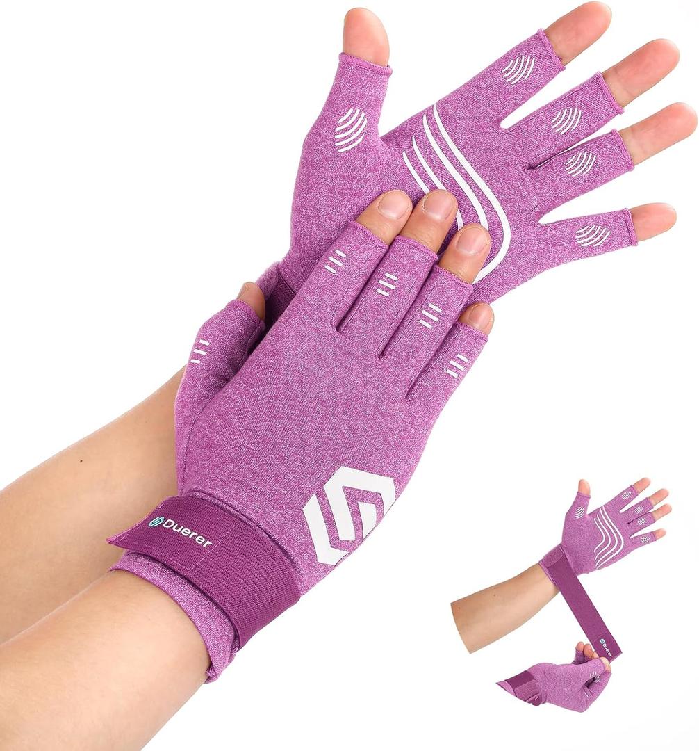 Duerer Arthritis Compression Gloves with Straps, Women Men for RSI, Carpal Tunnel, Rheumatoid, Tendonitis, Hand Pain, Hand Support. Fingerless Gloves for Computer Typing and Daily work (Purple, S) (Small (1 Pair))