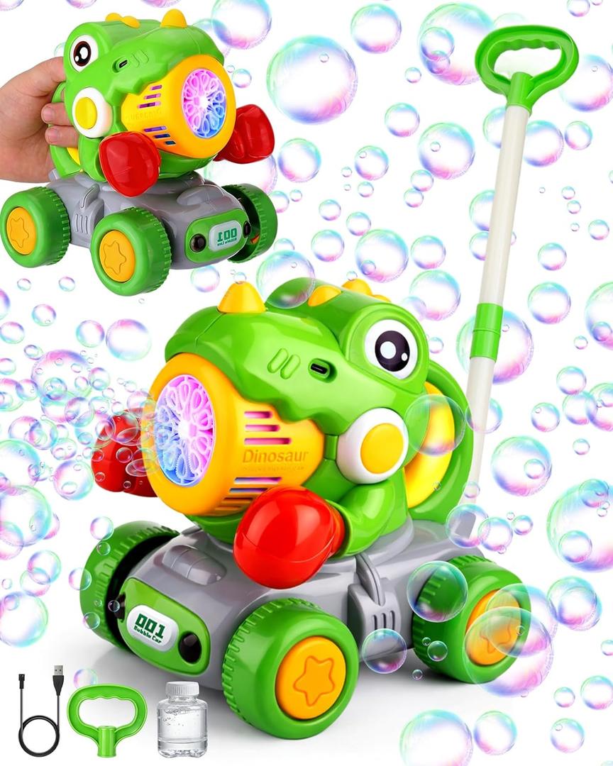 Dinosaur Bubble Lawn Mower for Toddlers, Rechargeable Automatic Bubble Blower with Lights, Handheld and Push 2 in1 Bubble Blower for Kid, Perfect for Party Favors and Activities for Girls and Boys