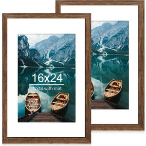 Hongkee 16x24 Frame Set of 2, Rustic Brown Wood Style - Display 16 x 24 Picture without Mat or 12x18 Picture with Mat, Wall Mounting Horizontal and Vertical