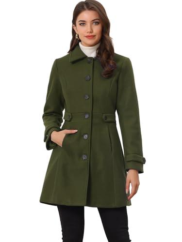 Allegra K Women's Winter Classic Outwear Overcoat with Pockets Single Breasted Pea Coat Large Army Green, Large