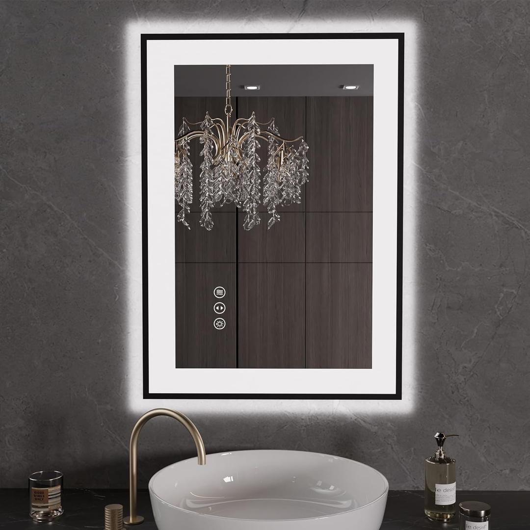 LOAAO 20"X28" LED Bathroom Mirror Black Framed, Anti-Fog, Dimmable, Lighted Bathroom Vanity Mirror for Wall, Memory Function, Tempered Glass