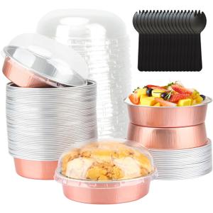 LNYZQUS 8oz Mini Cake Pans with Lids 50 Pack, 4 Disposable Small Pie Pans Aluminum Foil Baking Tins Ramekins,Small Baking Pans Muffin Containers Holders for Wedding Party-Champagne