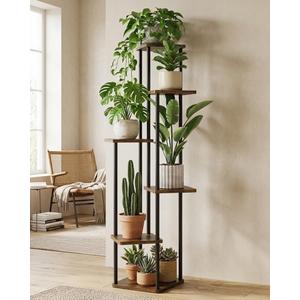 GENTINGBRO Corner Plant Stand Indoor Tall Plant Stand Brown 6 Tier | Plant Shelf for Multiple Plants Tiered Plant Stand Wood Plant Stands Metal Shelving for Living Room Bedroom Balcony Patio