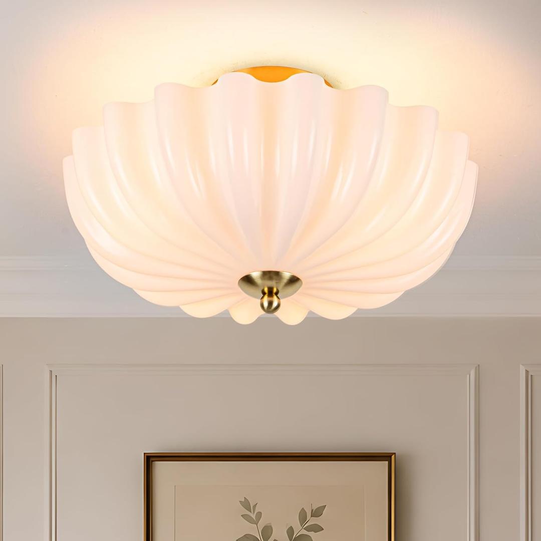 3-Light Modern Gold Semi Flush Mount Ceiling Light with Milky Flower Glass, 13.7 inches