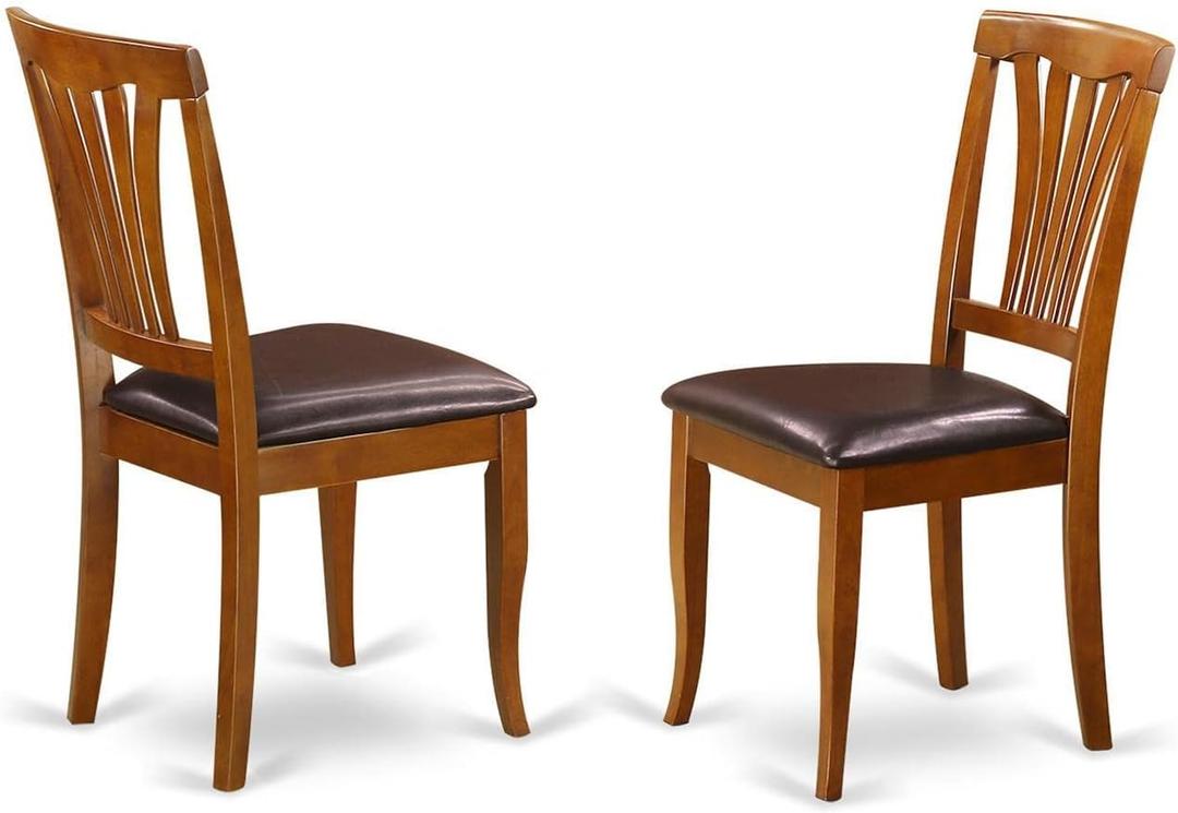 East West Furniture AVC-SBR-LC Avon Dining Chairs - Faux Leather Upholstered Wood Chairs, Set of 2, Saddle Brown