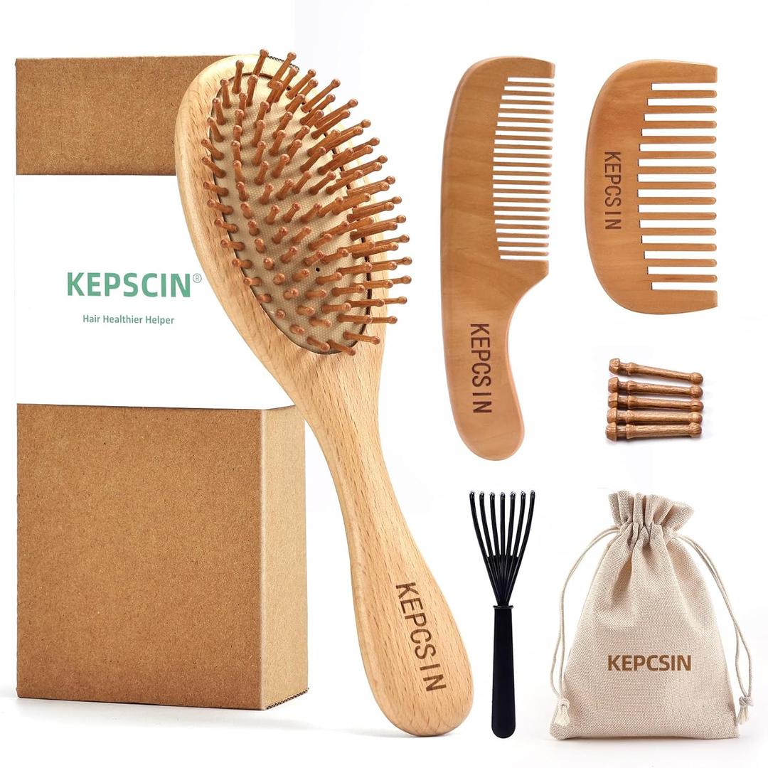 3PCS Wooden Hair Brush Set for Hair Growth, Natural Small Wood Comb Detangling Massage Scalp, Wide Tooth Pocket Comb No Bristle for Thick/Thin/Curly/Dry Hair, Gift for Women/Men