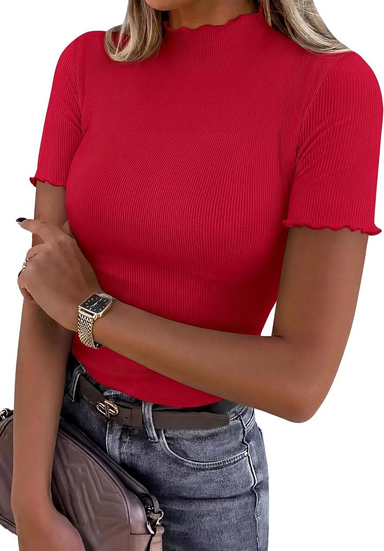 PRETTYGARDEN Short Sleeve T Shirts for Women Summer Clothes 2026 Casual Spring Tops Ruffle Mock Neck Ribbed Fitted Basic Tees (Red, Large)