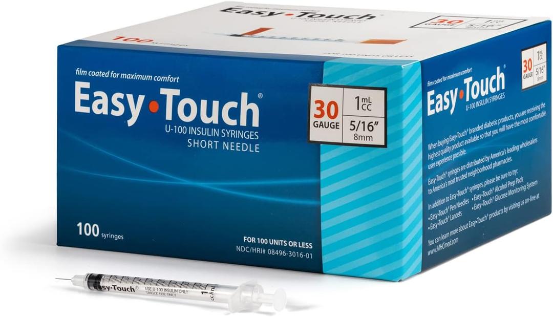 Easy Touch U-100 Insulin Syringe with Needle, 30G 1cc 5/16-Inch (8mm), Box of 100