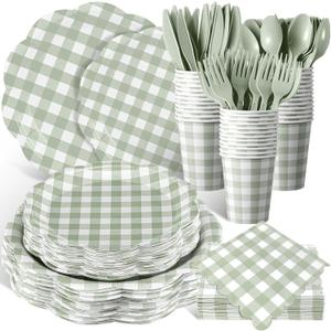 Funnymoom 400 Pcs Gingham Party Supplies for 50 Guests Green and White Paper Plates and Napkins Knives Spoons Forks Cups Disposable Checkered Dinner Party Set Cutlery for Baby Shower Wedding Favor