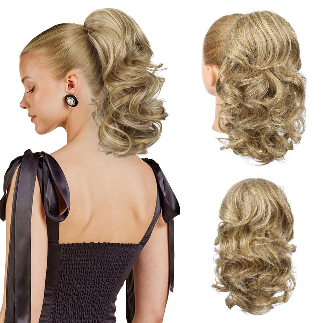 Flufymooz Ponytail Extension, 14 Inch Short Drawstring Ponytail Hair Extension for Women, Soft Synthetic Pony Tails Hairpiece for Women Medium Blonde with Highlights