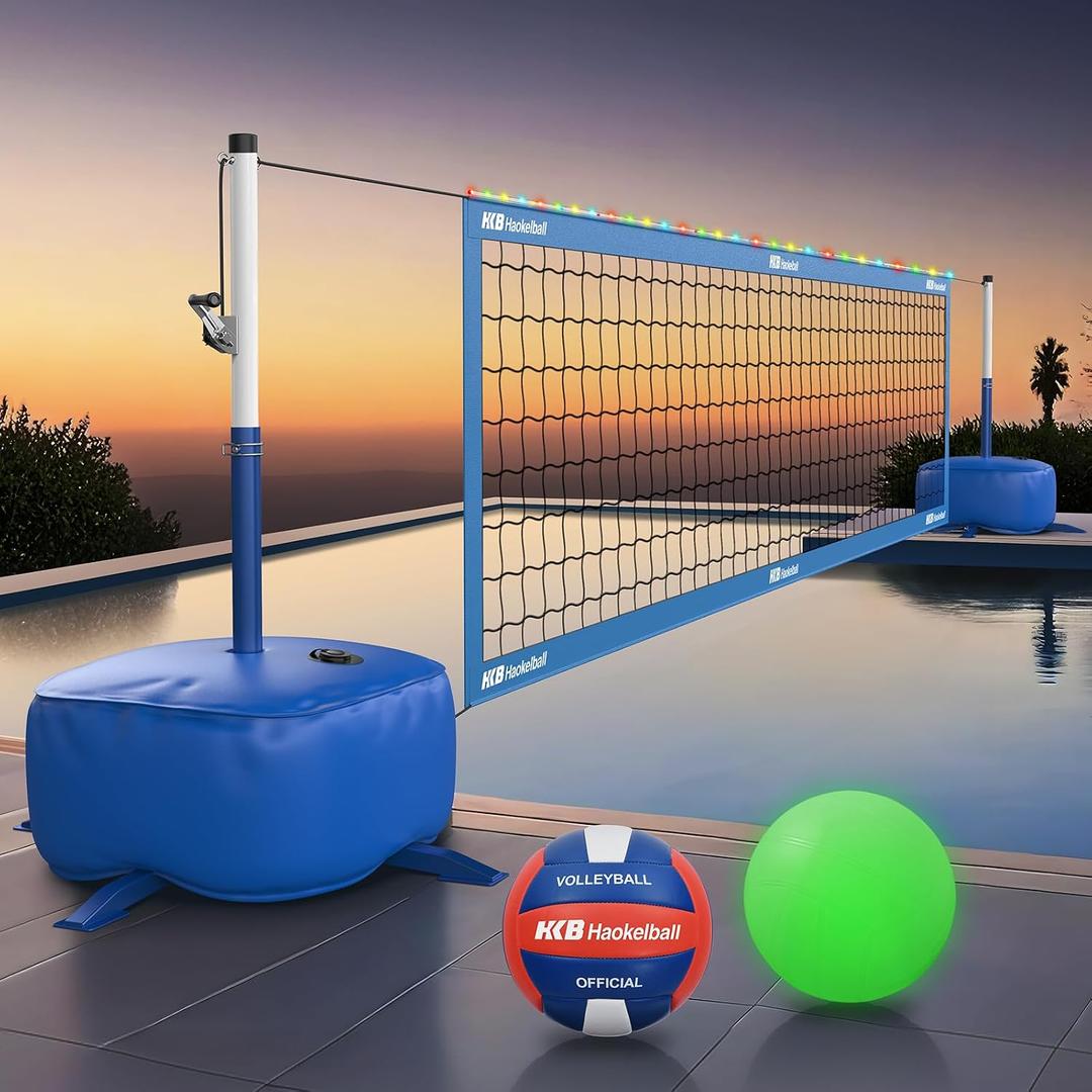 Haokelball LED Pool Volleyball Net Set, Adjustable 1532FT Width & Height, Anti-Sag Winch System, 45L / 99lbs Heavy Duty Water Base, Includes 2 Water Balls (1 Glow), for Inground & Above Ground Pool