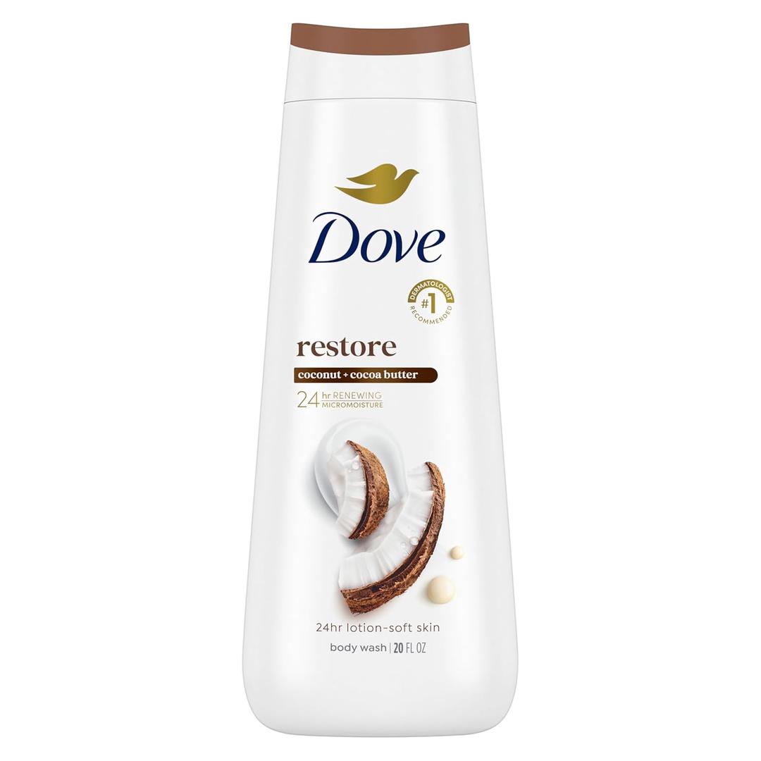 Dove Body Wash Restore Coconut & Cocoa Butter for 24hr Lotion-Soft Skin Moisturizing Skin Cleanser with No Sulfates No Parabens 20 oz (22 Ounce (Pack of 1))