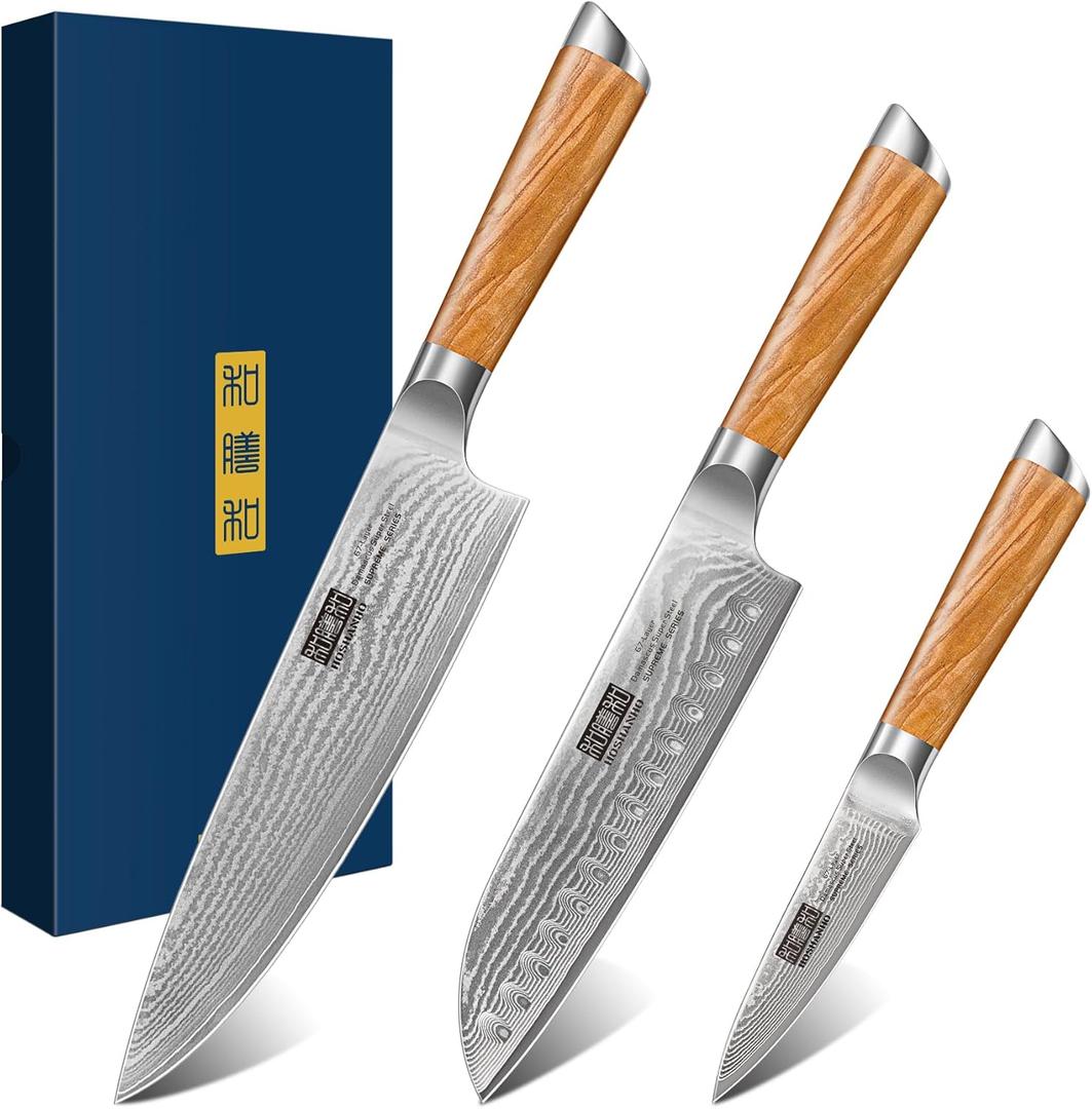 HOSHANHO Damascus Kitchen Knife Set 3-Piece, Ultra Sharp 8" Chef Knife, 7" Santoku Knife, 3.75" Paring Knife, Professional 10Cr15CoMoV Damascus Super Steel Chef Knife Set with Ergonomic Handle