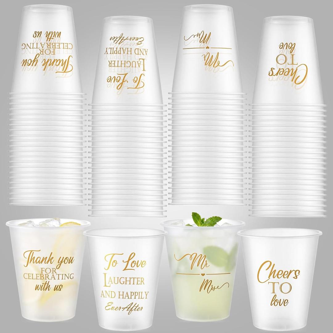 Yungyan 60 Pcs Wedding Frosted Plastic Cups Bulk 12 oz Clear Wedding Cups for Reception Disposable Cheer to Love Bridal Shower Bachelorette Party Supplies