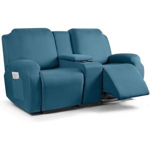 TAOCOCO Reclining Loveseat with Middle Console Slipcover, 4 Piece Polyester Fabric Stretch Loveseat Reclining Sofa Covers (P Blue, 2 Seat Recliner Cover with Console)