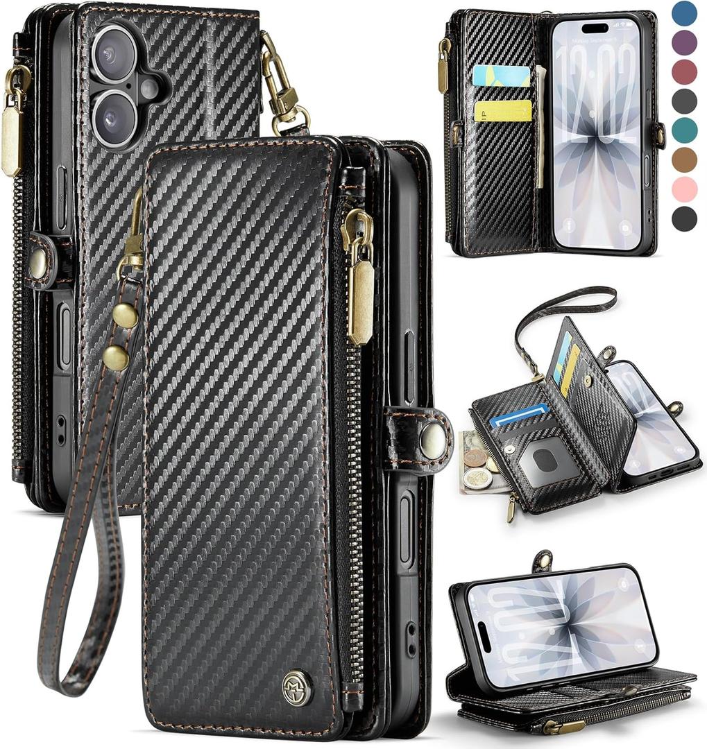 Defencase for iPhone 17 Case Wallet with RFID Blocking Card Holder for Women and Men, Fashion PU Leather Magnetic Snap Flip Zipper Strap Wallet Phone Case for iPhone 17 6.3", Carbon Fiber Black