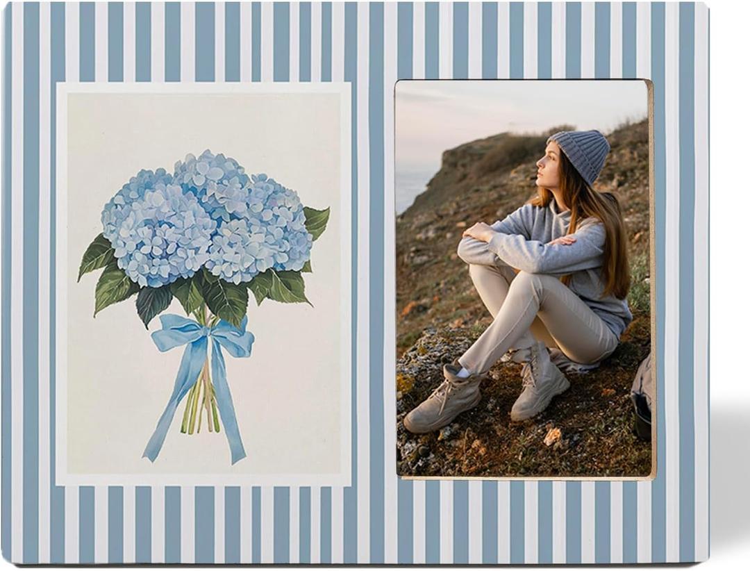 SNNDER Blue Hydrangea Floral Picture Frame 4x6, Cottagecore Flower Photo Frame for Women Girls, Blue and White Striped Flower Wooden Picture Photo Frames for Desk Tabletop Wall Display Decoration