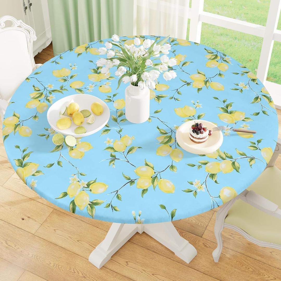 misaya Round Fitted Tablecloth with Elastic Edge, 100% Waterproof Oil Proof Plastic Table Cover, Vinyl Flannel Backed Tablecloth Fits 36"-44" Round Tables for Dinner, Outdoor, Picnic, Lemon