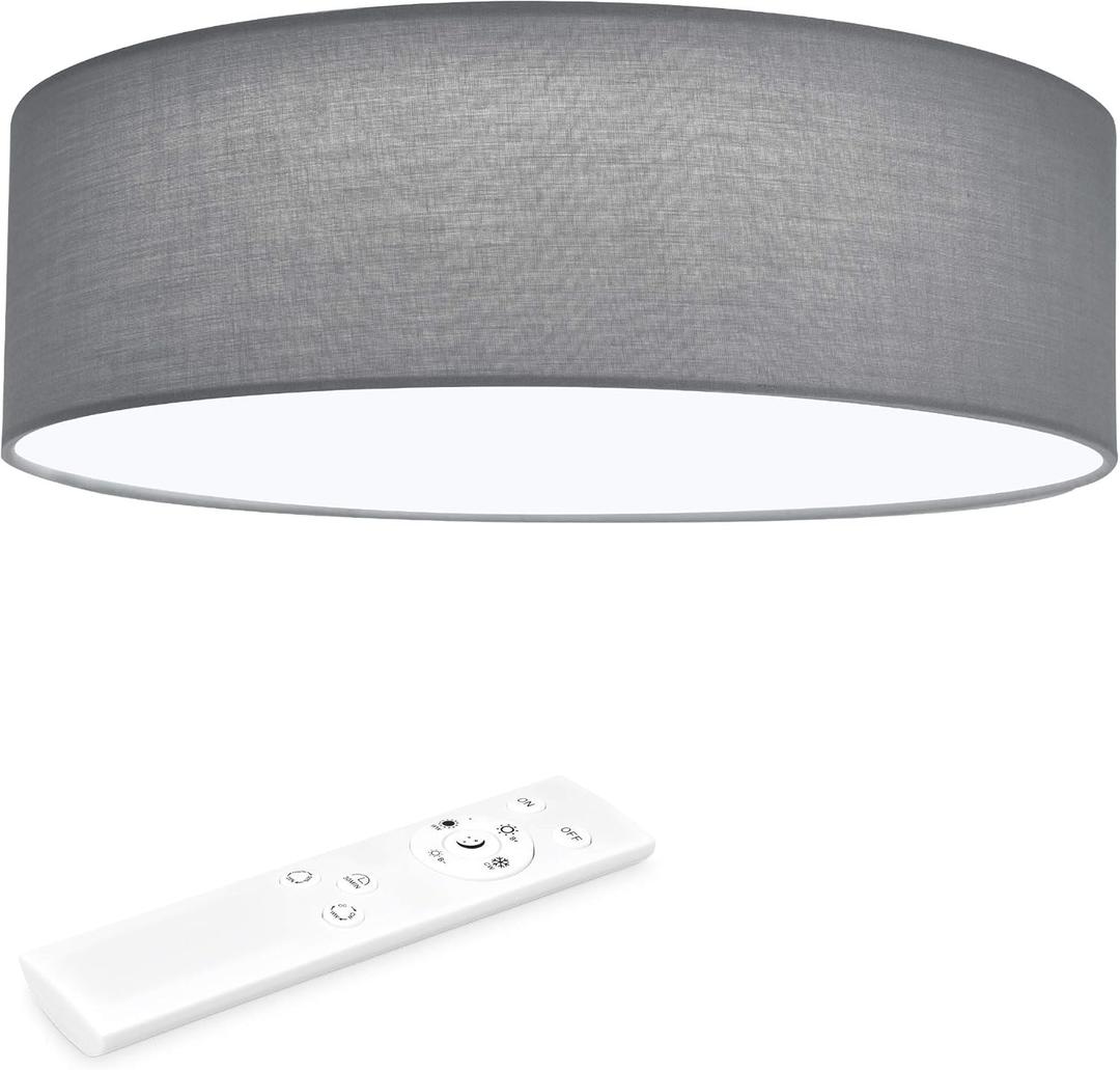 Navaris Flush Mount Ceiling Light - 15.75" Diameter Drum Lamp Shade LED Fixture with Remote Control for Bedroom, Living Room, Kitchen - Light Gray