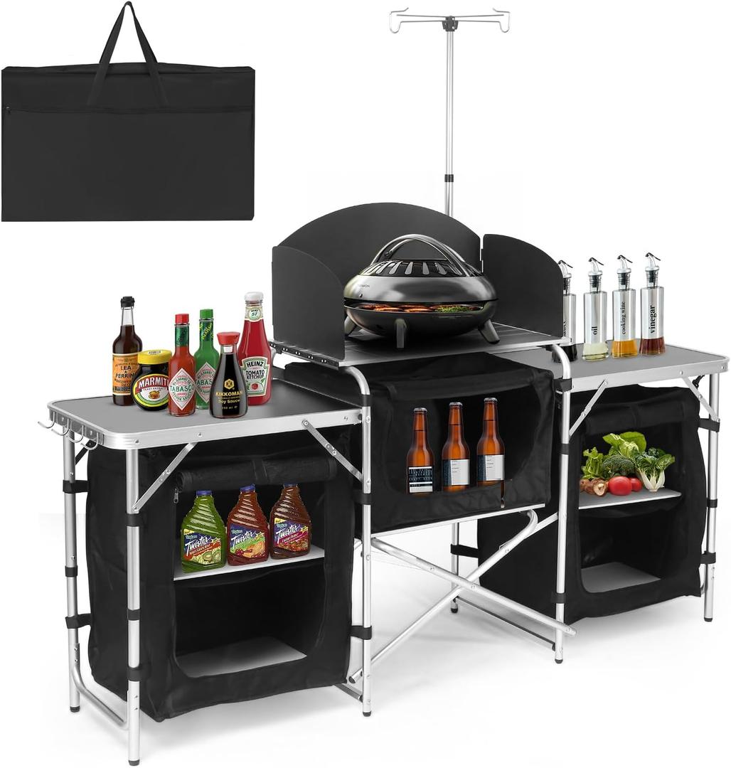 Camping Kitchen Table, Folding Table,Outdoor Cooking Table with Storage Carrying Bag, Aluminum Cook Station with Windscreen and 3 Multifunctional Storage Cupboards, BBQ, Outdoor, RV, Party