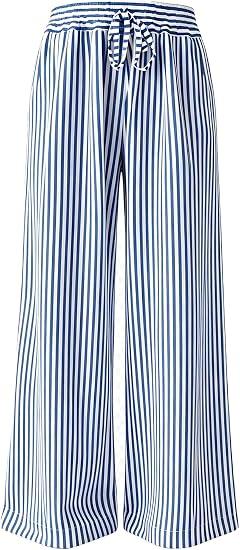 Acelitt Women Casual Red Striped Drawstring High Waist Wide Leg Pants L