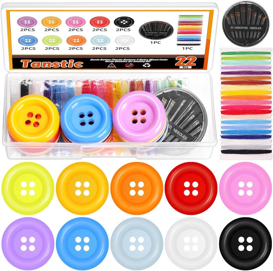 Tanstic 20Pcs 1.9 Inch Resin Buttons Resin Sewing Buttons 10 Mixed Colors 4 Hole Button with Embroidery Thread, Sewing Needles for Sewing Crafts DIY