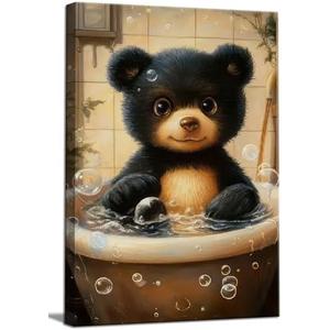 Bathroom Bear Canvas Wall Art Funny Toilet black Baby Bear painting Decor Pictures Nursery Kids Room Animal Posters Prints for living Children Bedroom Classroom Decoration 16x24in