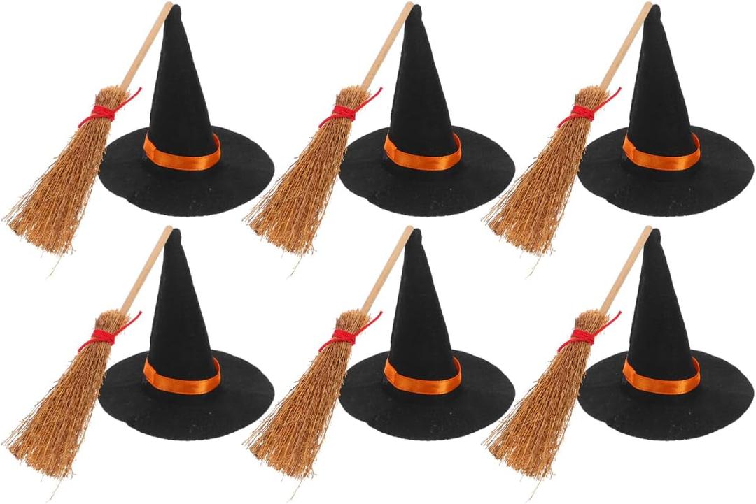 IMIKEYA Mini Witch Hat Broom: 12PCS Miniature Small Witch Hats Crafts Halloween Witch Hats and Brooms for Halloween Doll House Wine Bottle Party Decor Bar Home Table Decoration