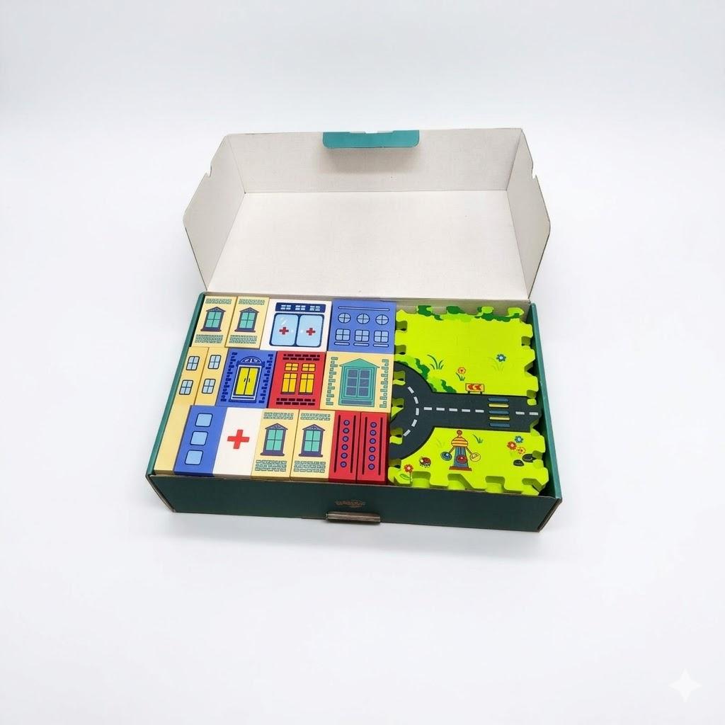 Pleykele City Street View Foam Building Blocks Set for 2-4 Years Old, Town Construction Soft Stacking Blocks with Alphabet Letters Puzzle Playmat, Educational Learning Gifts for Kids 18+ Months