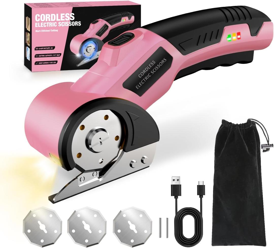 Cordless Electric Scissors: 4V Rechargeable Cardboard Cutter, 3 Blades, Safety Lock & LED Light, Box Cutter for Carton Carpet Plastic Fabric Leather (Pink)
