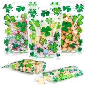 Frienda 60 Pcs St Patrick's Day Treat Bags Bulk Plastic Shamrock Zip Candy Bags Bulk Green Irish Party Favor Gifts with Handles for Saint Patrick's Day Leprechaun Birthday Party Supplies