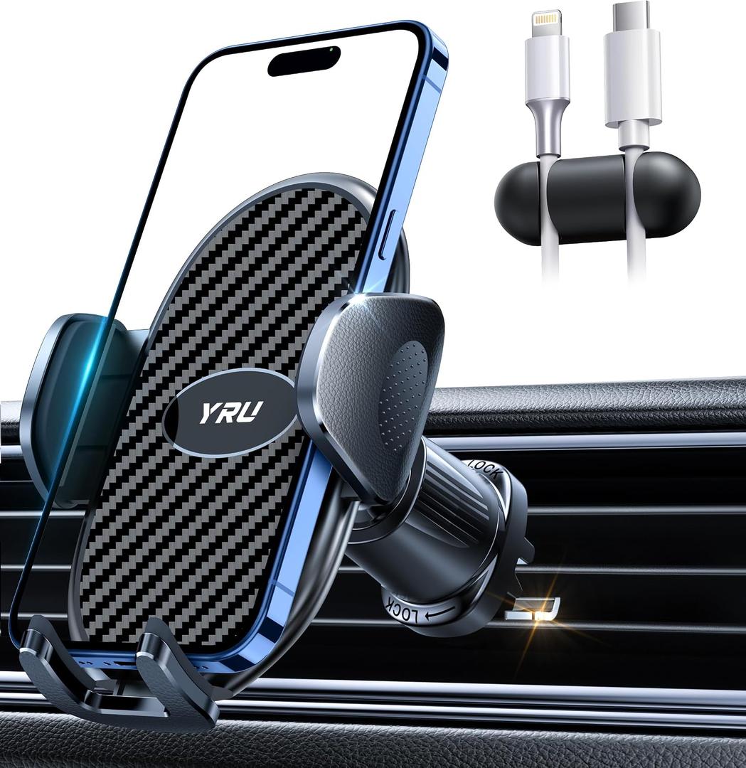 YRU Phone Holders for Your Car [2026 Upgraded Military Metal Hook], Cellphone Holder Car[No Fear of Bumps] Vent Phone Mount Truck Compatible with iPhone17 16 15 14 13 12 Samsung Android, Gloss Black