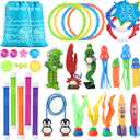 32 Packs Summer Pool Diving Swimming Essentials Water Toys for Kids, Fun Swim Games Sinking Set, Underwater Dive Easter Day Gifts with Storage Bag Include Torpedo Gems Shark Rings Sea Animals