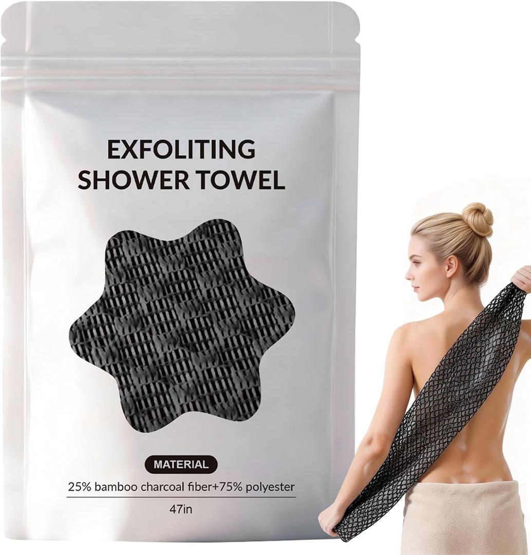Blissal Exfoliating Shower Towel, 2-in-1 Exfoliating Microfiber Towel, Deep Exfoliating, 2 Sides Shower Towel, Premium Scrub Wash Cloth for All Body Skin Types Woman and Men (Black)