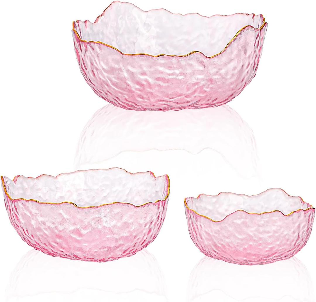 ZEAYEA Set of 3 Glass Salad Bowls, Pink Serving Bowls for Kitchen Prep, Decorative Large Candy Bowl, Irregular Shape Space Saving Nesting Set for Salad, Fruit, Snack, Dessert