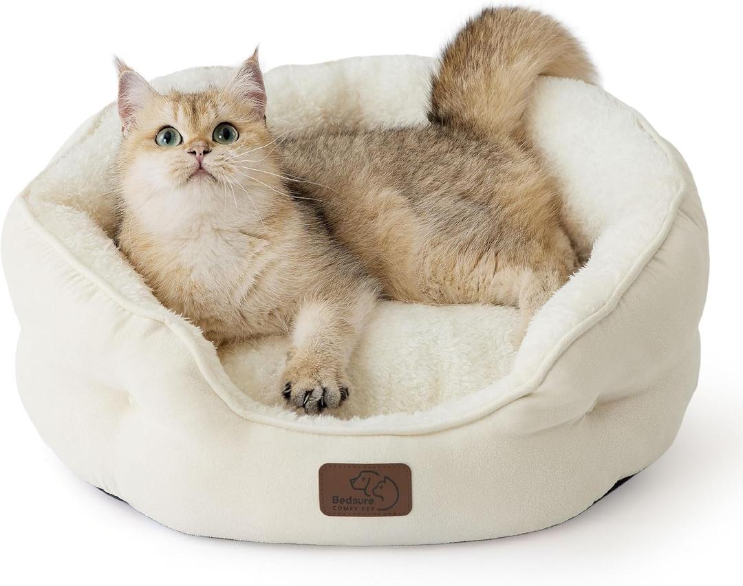 Bedsure Dog Beds for Small Dogs - Round Cat Beds for Indoor Cats, Washable Pet Bed for Puppy and Kitten with Slip-Resistant Bottom, 20 Inche, White (Angelic Ivory)