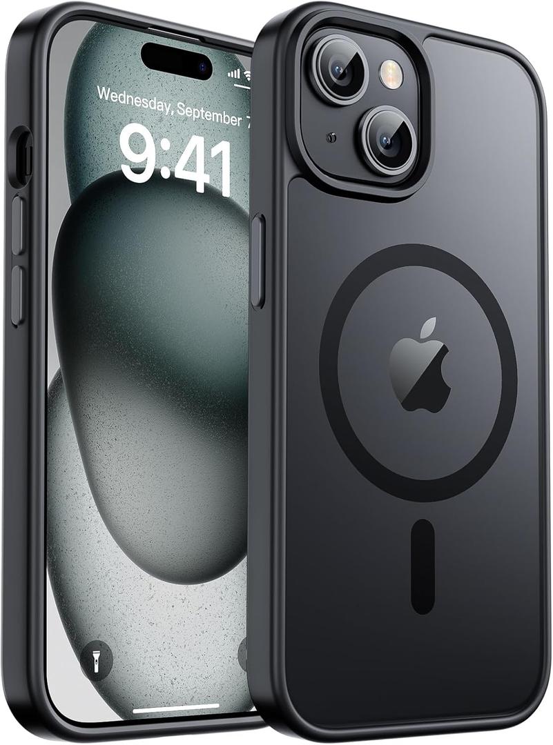 Magnetic for iPhone 15 Case & iPhone 14 Case, [Compatible with MagSafe] [Military Grade Drop Protection] Translucent Matte Shockproof Anti-Scratch Phone Cover, Black
