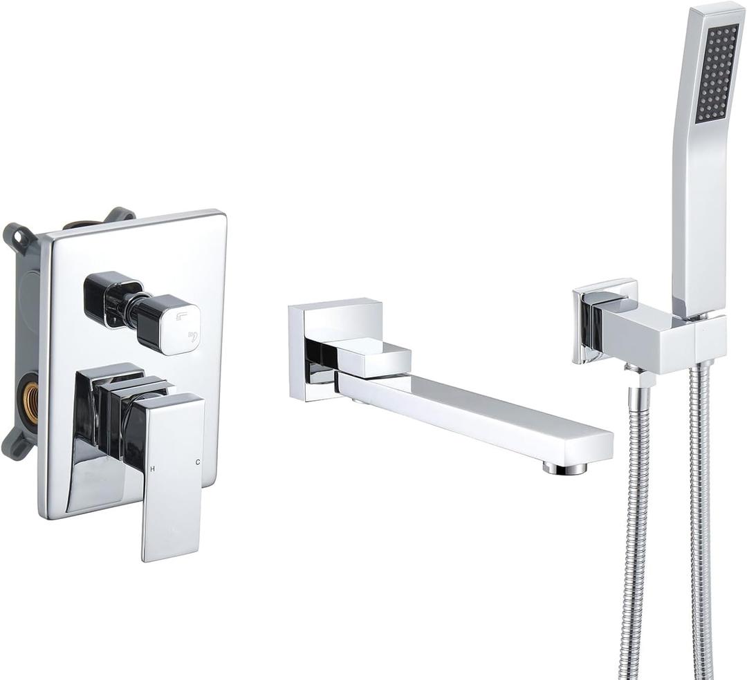 DASAN Swiveling Wall Mount Tub Filler Faucet Set with Hand Held Shower, Polished Chrome Modern Creative Bathtub Faucet Wall Mounted Bath Tub Faucet with High Flow Rough in Valve, SA-TF05WH-CH