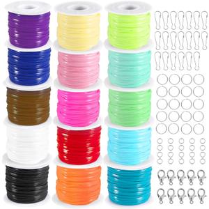 KAMJUNTAR Lanyard String,15 Rolls Gimp String Plastic Lacing Cord Plastic String Lanyard Kit for Friendship Bracelets Jewelry Making DIY Craft Boondoggle Gimp Bracelet Making Kit