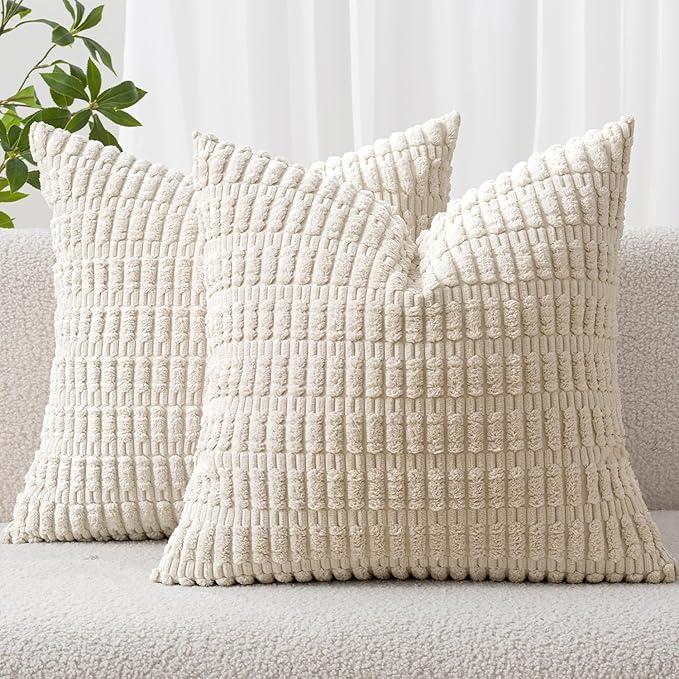 MIULEE Cushion Covers 45x45 cm Christmas Corduroy Cream White Square Decorative Throw Pillow Covers 18x18 Inch Boho for Living Room Sofa Bedroom Pack of 2