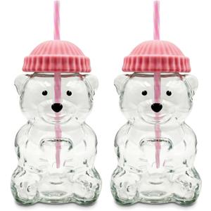 2 glasses Bear Cup Bear Straw Cup, Cute Bears Glass Cup with Straw, 500ml Reusable Glass Tumbler with Lid for Iced Coffee, Milk Tea, and Cocktails, Dishwasher Safe (pink(2 glasses))