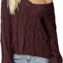 SUUKSESS Women Oversized Cable Sweaters V Neck Long Sleeve Knit Trendy Outfits (Brown, L)