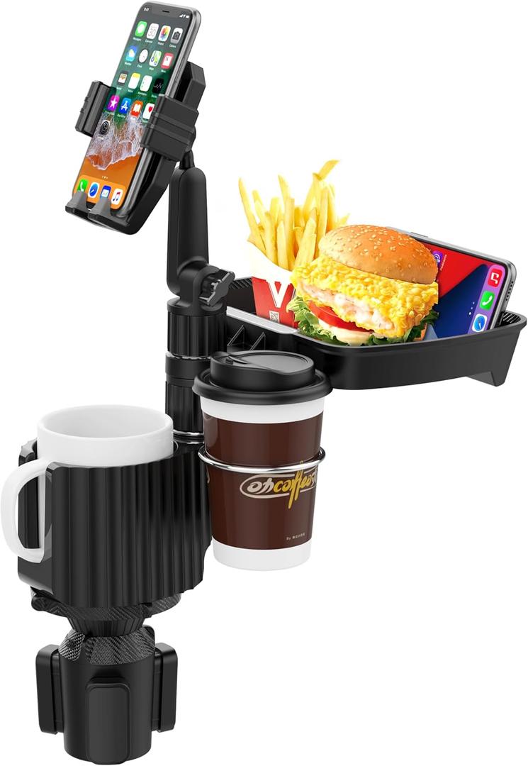 New! Our Best 2024 Upgraded 5-in-1 Car Cup Holder - in with Food Tray Table with Phone Holder, 360 Rotation, 2 Extra Cup Holders, Road Trip & Car Traveling Essential Gadget (5-in-1 Pro)