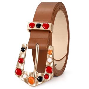XZQTIVE Women PU Leather Belts with Synthetic Multicolored Gemstone Buckle Ladies Fashion Waist Belts for Jeans Dresses Pants