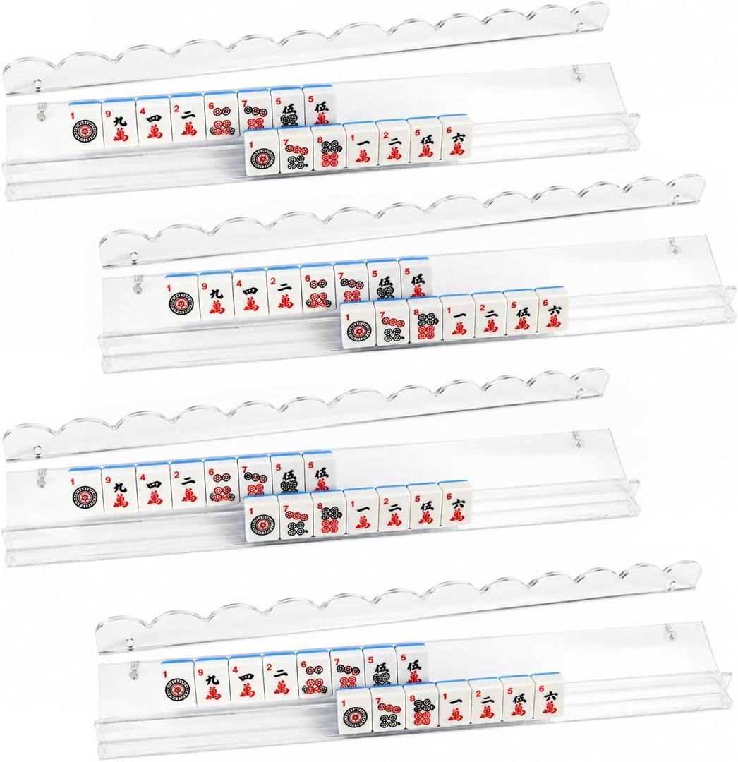 Premium Acrylic Mahjong Racks with Magnetic Pushers Set of 4, 20 inch Scalloped Mahjong Racks, Include Storage Bags, Clear