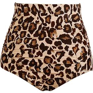 Tempt Me Women's High Waisted Swimsuit Bottom Leopard Tummy Control Ruched Bikini Bottom Vintage Swim Shorts Tankini Briefs, M