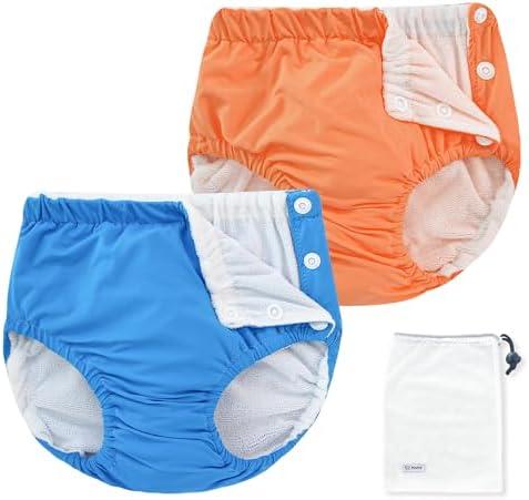 EZ Moms 2 Packs Reusable Swim Diapers Toddler Baby Swim Diaper Size 3 Washable Snap Pool Swimming Diaper 3T Soft and Silky Waterproof Diapers for Swimming Lessons Boys and Girls with a Laundry Bag